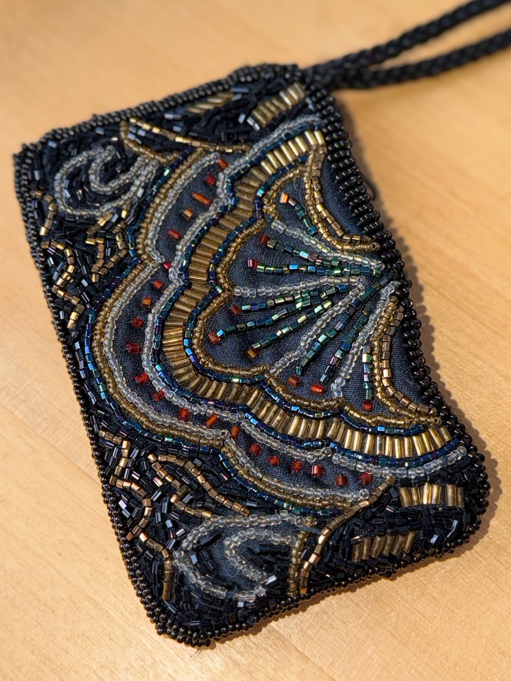 Beaded Coin Purse Wallet - Black with Gold & Red Accents